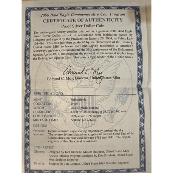 2008 Bald Eagle Commemorative Proof silver dollar coin .90 - Picture 3 of 3